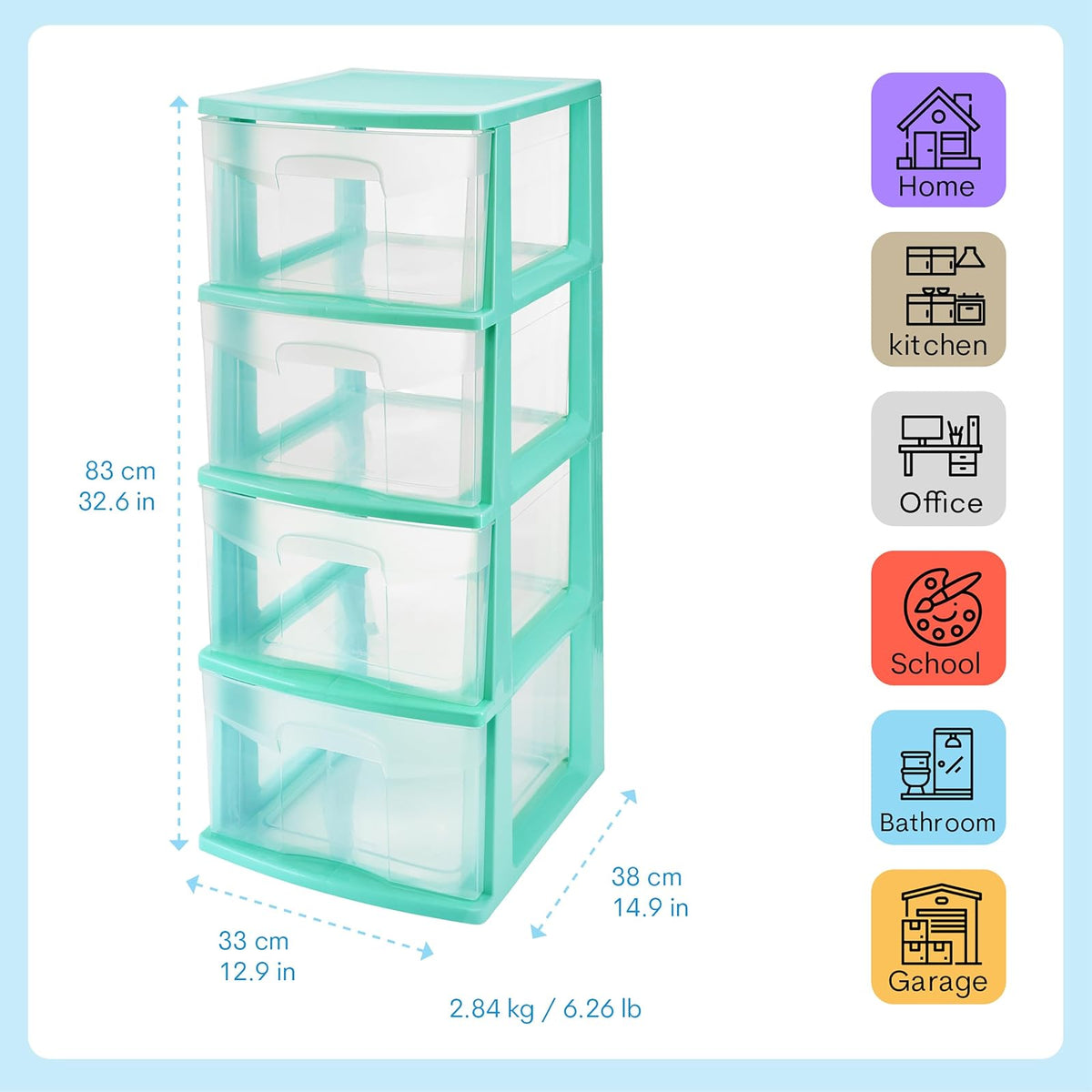 Italhome Cajonera ONYX 4 de Plástico Aqua con 4 Cajones Transparentes, Organizador Multiusos Desarmable para Recámara, Oficina o Cocina