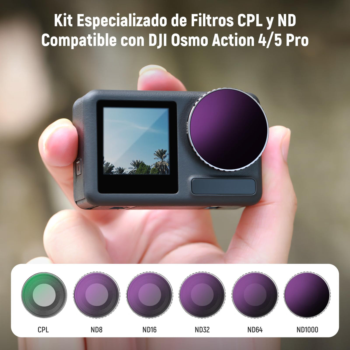 Neewer - Juego de filtros ND Compatible con dji Osmo Action5 Pro/Action4, Paquete de 6 ND8 ND16 ND32 ND64 ND1000 CPL+Kit de Filtro de Densidad Neutra, Accesorios de cámara de acción, Vidrio óptico HD
