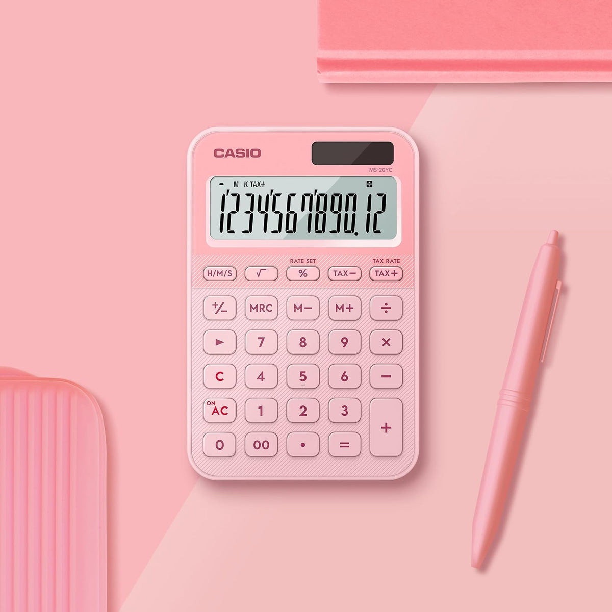 Casio Calculadora de Escritorio MS-20YC-LP, 12 Dígitos, Color Rosa, Pantalla Extra Grande, Pila y Solar
