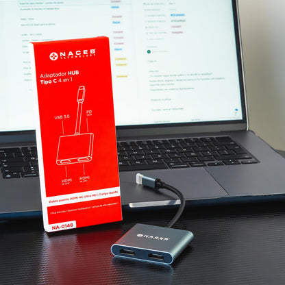 Naceb Technology HUB USB-C 4 en 1 Dual HDMI 4K, Adaptador Multipuerto con 100W PD Carga Rápida y USB 3.0 de 5Gbps, Estación de Trabajo Compacta para MacBook, Laptop y iPad, Gris Espacial (NA-0148)