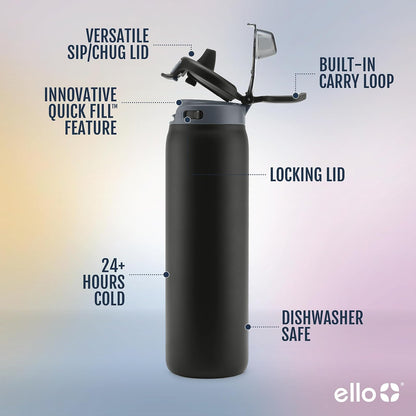 Ello Pop & Fill - Botella de agua de acero inoxidable de 22 onzas con tecnología de llenado rápido, doble pared y metal aislado al aspiradora, tapa de bloqueo a prueba de fugas, beber y chug,