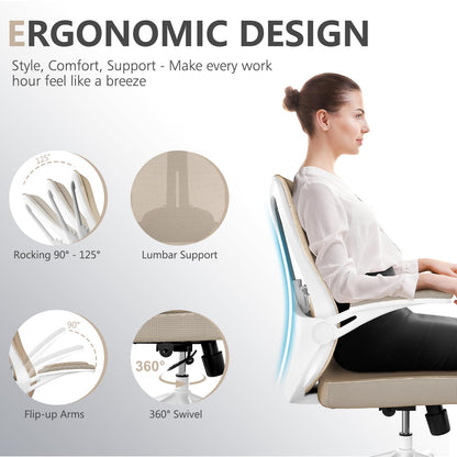 Silla ergonómica de Oficina con Soporte Lumbar, Silla de computadora de Malla con Respaldo Alto con Brazos abatibles, Silla de Trabajo Ajustable para computadora, Color Caqui