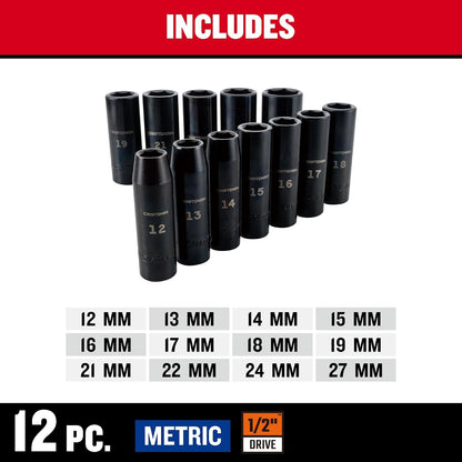 CRAFTSMAN - Juego de llaves de impacto métrico, unidad de 1/2 pulgada, enchufes de impacto profundo, 12 piezas (CMMT15887)