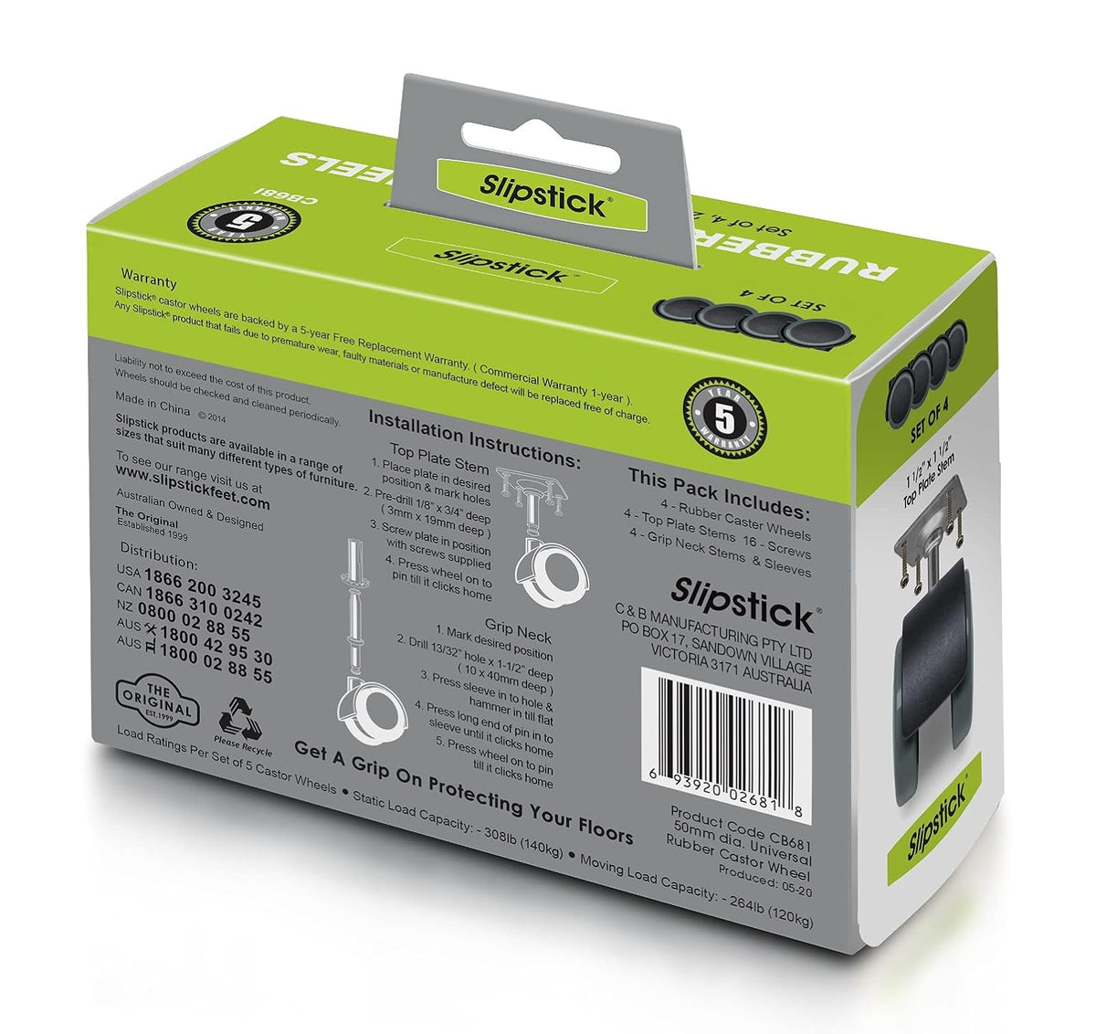 Slipstick CB681 - Ruedas protectoras de suelo de goma de 2 pulgadas (juego de 4) opciones de montaje de vástago o placa superior de 5/16 pulgadas, negro/gris verde
