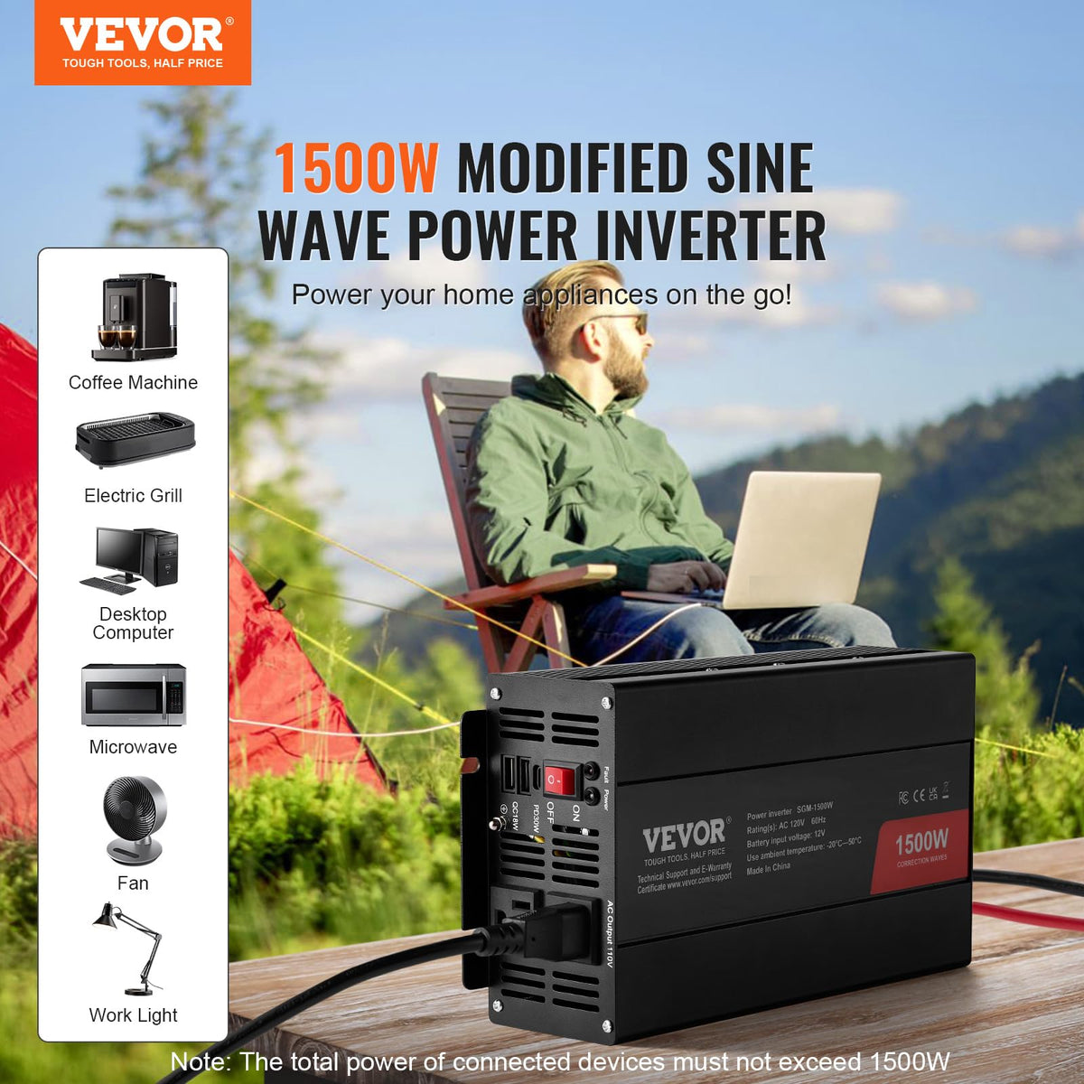 VEVOR Inversor de Onda sinusoidal modificada, 1500 W, CC 12 V a CA 120 V Inversor de Potencia con 2 Salidas de CA, 2 Puertos USB, 1 Puerto Tipo C 6 fusibles de Repuesto, para pequeños Dispositivos