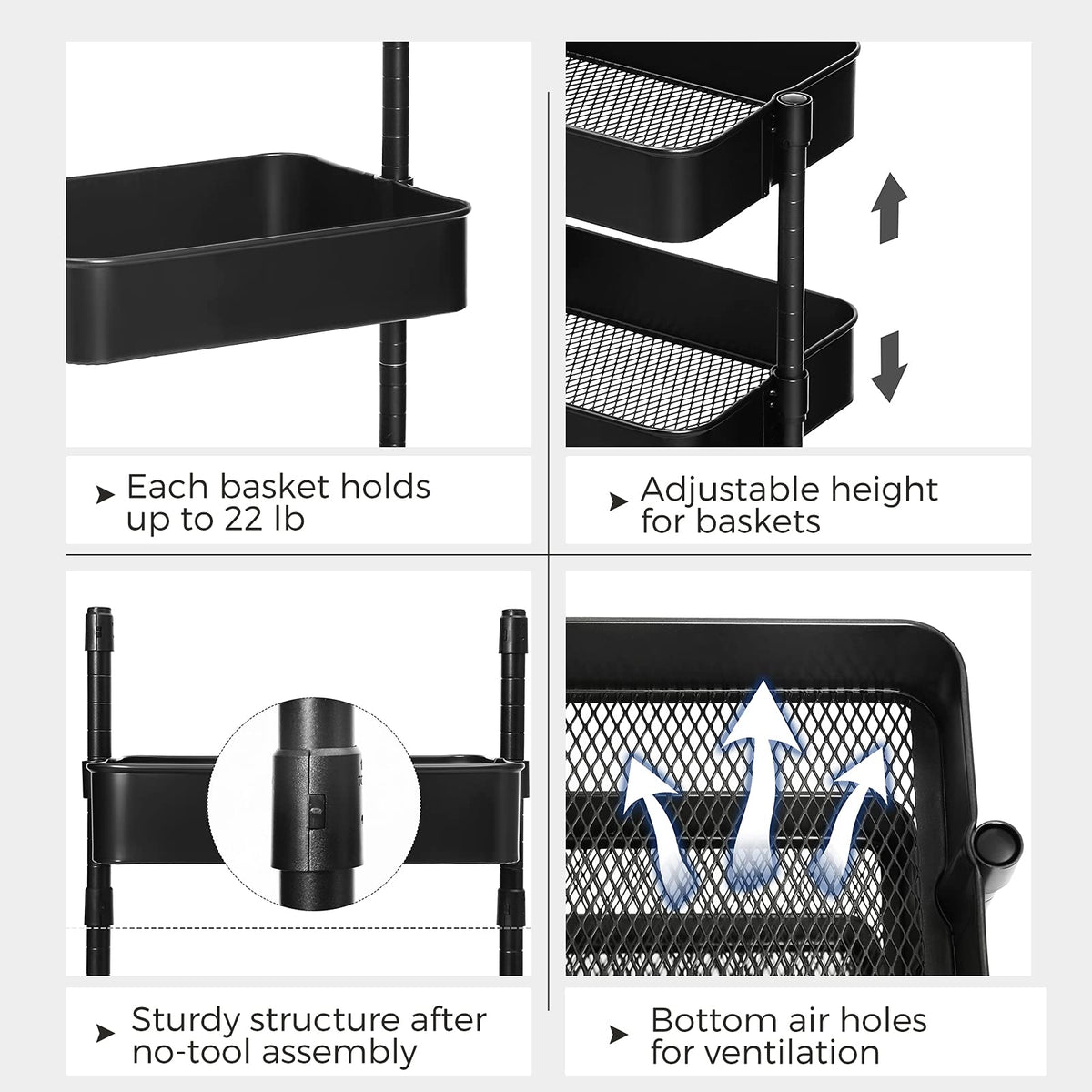 SONGMICS UBSC60B - Carrito de Metal de 3 Niveles, Carrito de Cocina con estantes Ajustables, Carrito de Almacenamiento con 2 Frenos, fácil Montaje, para Cocina, Oficina, baño, Color Negro