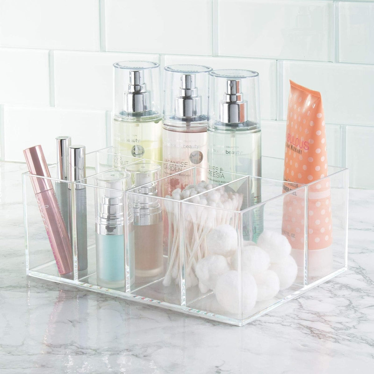 InterDesign Cabinet to Hold Makeup Beauty Products Hair Accessories – 5 Compartments, Clear Clarity Cosmetic & Vanity Organizer, 5 Section, White