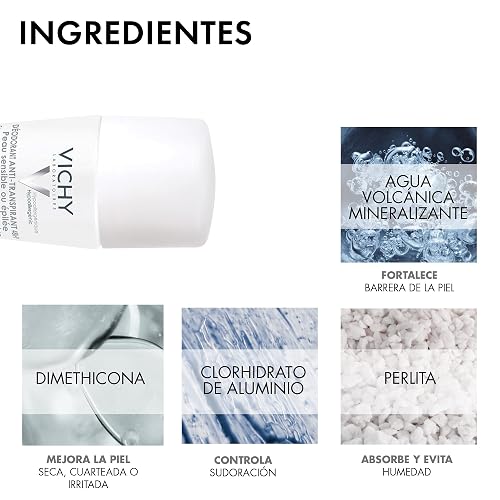 Vichy DEOS Desodorante Anti-transpirante Calmante Roll-On 48H para Piel Muy Sensible o Depilada, Fórmula Hipoalergénica sin Alcohol ni Perfume, Cuidado Anti-Irritación, 50 ml