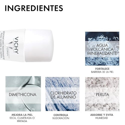 Vichy DEOS Desodorante Anti-transpirante Calmante Roll-On 48H para Piel Muy Sensible o Depilada, Fórmula Hipoalergénica sin Alcohol ni Perfume, Cuidado Anti-Irritación, 50 ml
