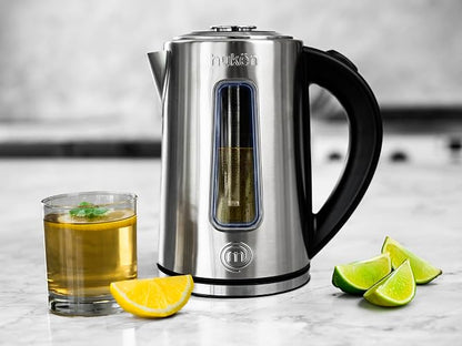 Hukën x MasterChef | Tetera Eléctrica STEEL-FUSE 1.7L | Hervidor de Agua con Infusor de Té Removible | Acero Inoxidable | Apagado Automático | Base 360° | Luz LED | Ventana de Agua