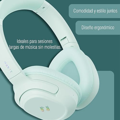 havit H612BT Pro Audífonos Inalámbricos Over-Ear, Ice Mint | Audífonos over-ear inalámbricos. Batería 40h, BT 5.3, baja latencia 60ms, micrófono y aislamiento pasivo. Ice Mint.