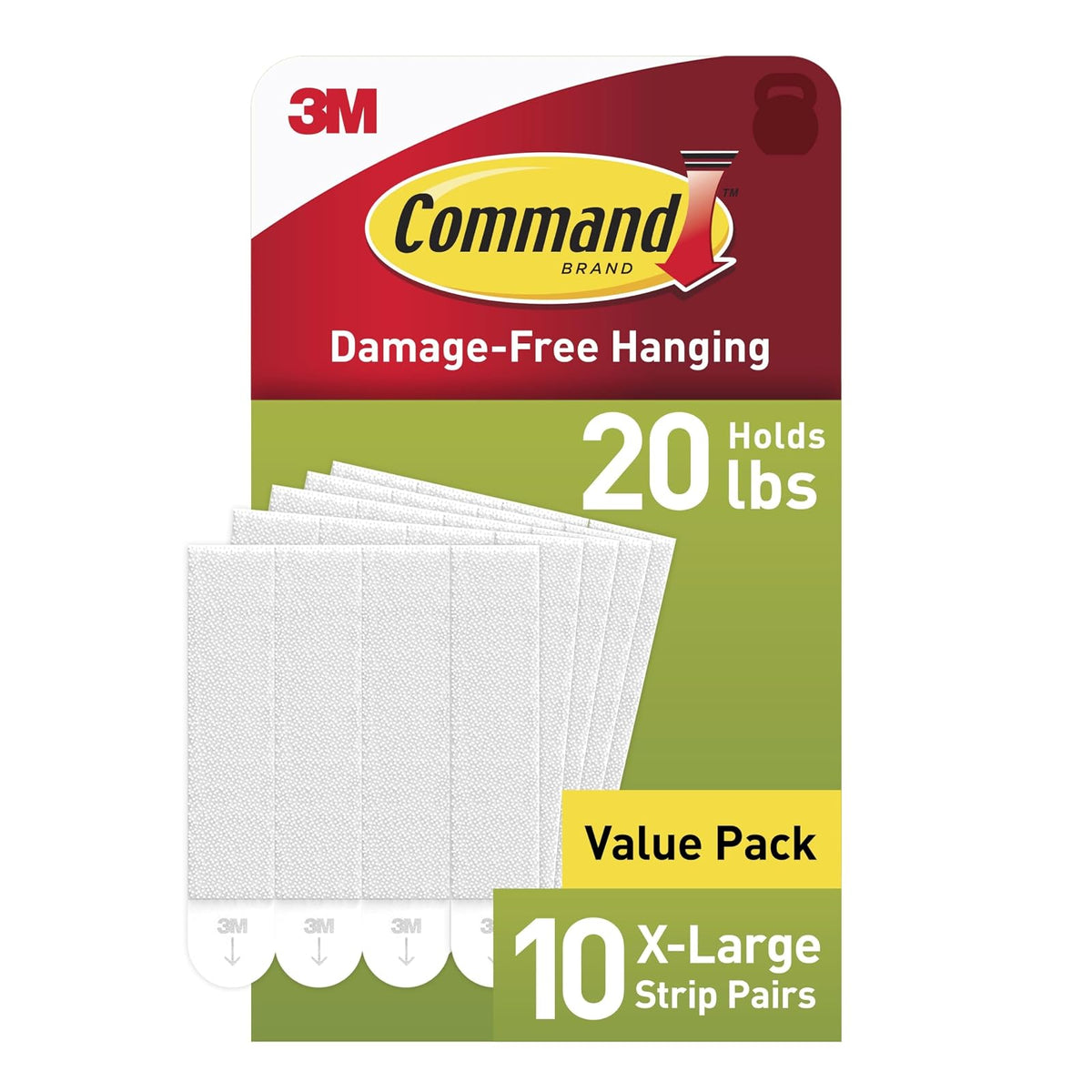 Command - Tiras para colgar fotos XL de 20 libras, 10 pares (20 tiras de mando), perchas para colgar fotos sin daños, colgador de pared resistente para decoración del hogar, calcomanía blanco