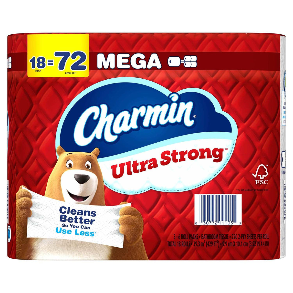 Charmin - Ultra Strong Papel Higiénico, 18 Mega Rollos, 220 Hojas por Rollo, Extra Fuerte y Duradero, No Atascable, Apto para Fosas Sépticas