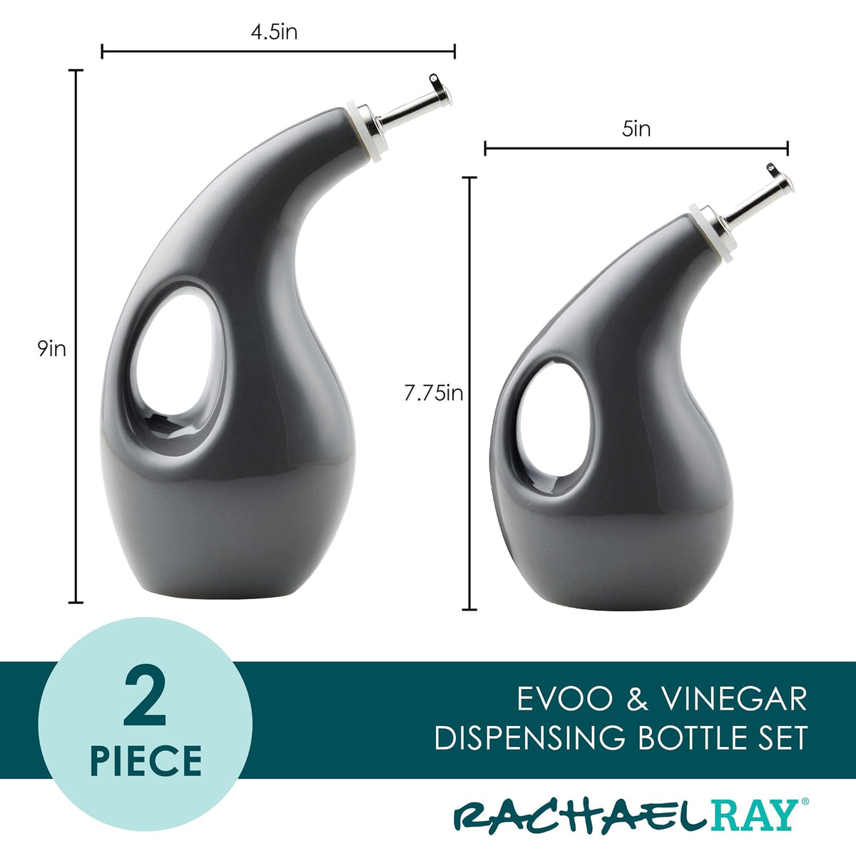 Rachael Ray Juego de botellas dispensadoras de aceite y vinagre de cerámica AOVE, 2 piezas, color gris