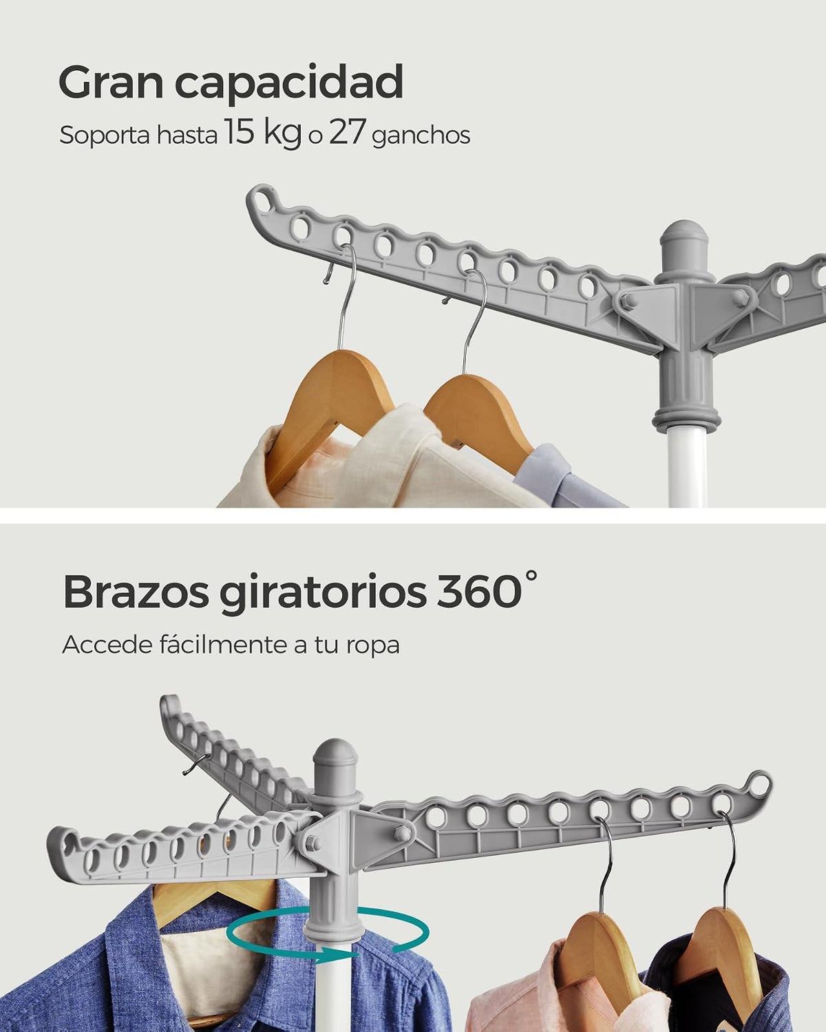 SONGMICS Tendedero de Ropa, Plegable, 3 Brazos Giratorios, Alto 150 cm | Tendedero para Perchas, de Interior, de 4 Patas, Blanco Mate y Gris, Colección BUNJI MLLR510G01