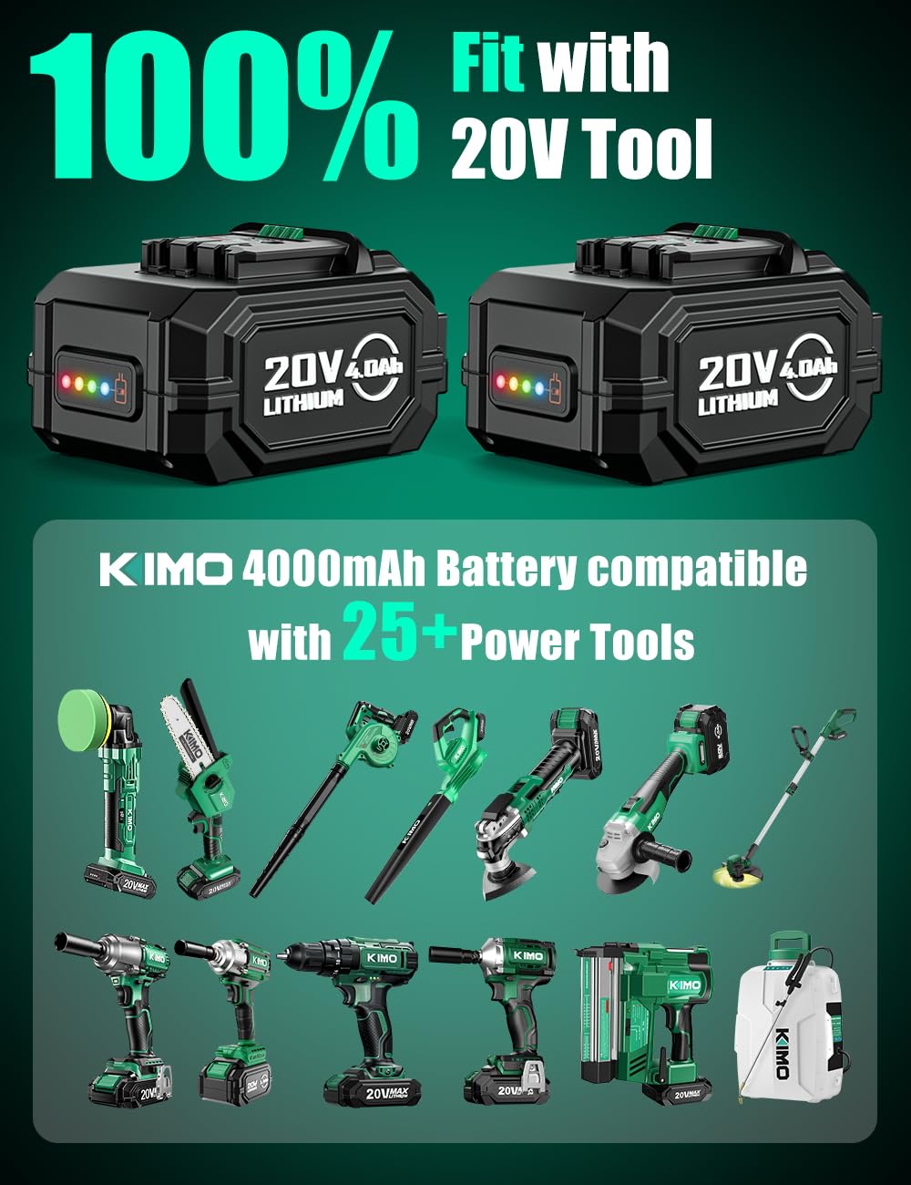 KIMO - Paquete de 2 baterías de 20 V 4000 mAh para taladro KIMO de 20 V, soplador de hojas, amoladora angular, sierra alternativa, herramienta oscilante, clavadora Brad - tecnología de protección de
