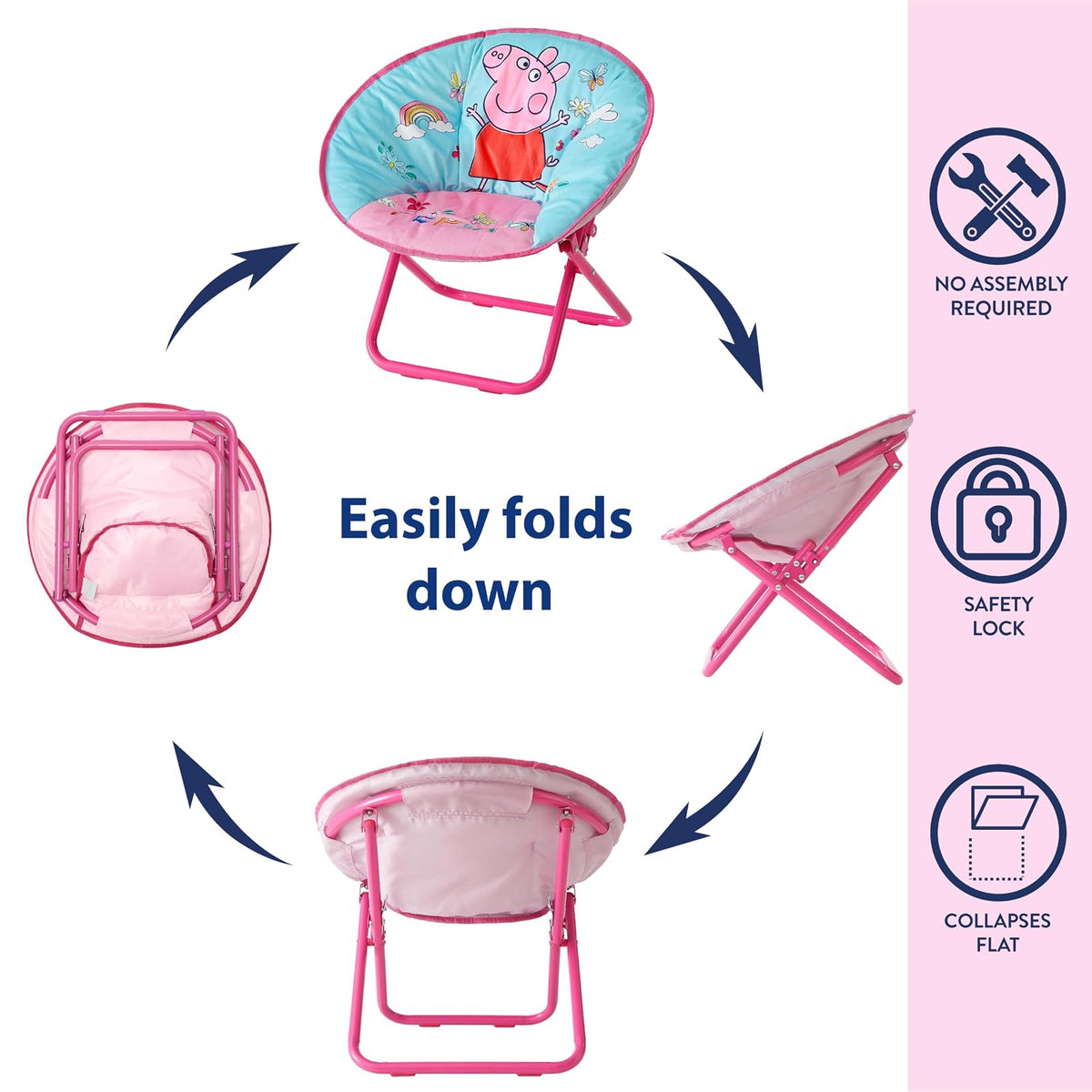Idea Nuova Peppa Pig - Silla Plegable de 19 Pulgadas para recámara, Sala de Juegos o Sala de televisión, Silla para niños pequeños con Marco de Metal Plegable, portátil y cómoda, a Partir de 3 años