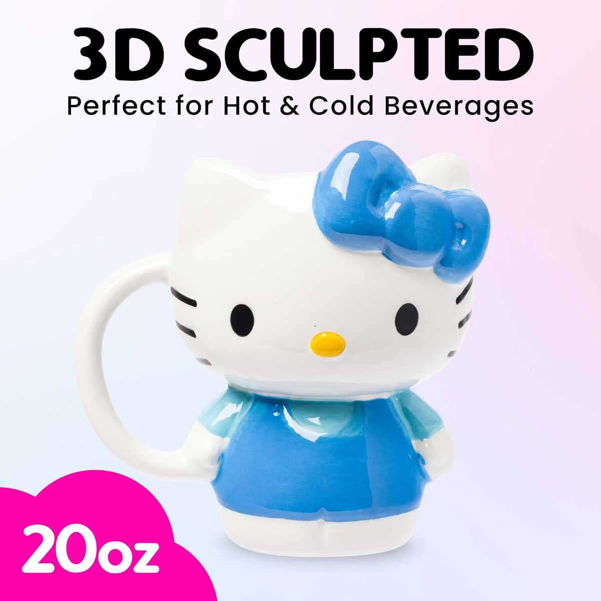 Silver Buffalo Sanrio Hello Kitty - Taza esculpida de cerámica 3D con vestido azul, 20 onzas