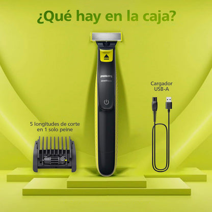 Philips OneBlade Afeitadora y Recortadora Eléctrica de Barba para Hombre | Recorta, perfila y afeita | Corta el vello, no tu piel | Uso seco y húmedo | Incluye peine ajustable 5 en 1 | QP2724/20
