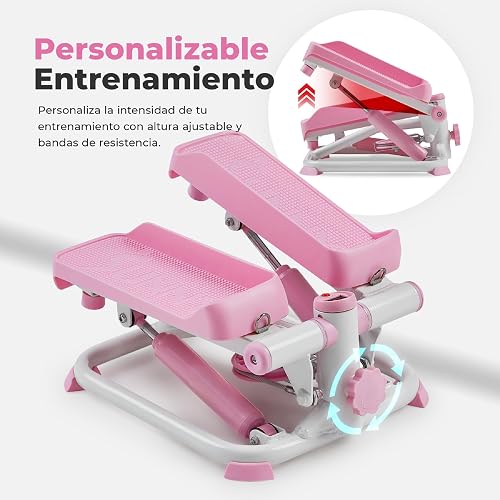 Sunny Health & Fitness Mini Stepper con Bandas para Casa | Cardio Completo c/ Resistencia Hidráulica, Medidor LCD, Sin Montaje, Bandas, Cap. 135 kg y SunnyFit App
