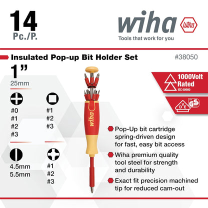 Wiha 38050 - Juego de 14 Piezas de Soporte para Brocas emergentes con Aislamiento, ranurado, Phillips, Square, Pozidriv.
