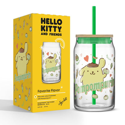 JoyJolt Sanrio Hello Kitty Vaso de Vidrio con Tapa de Bambú 16oz - Pompompurina