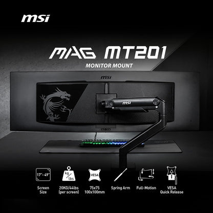 MSI mag MT201 - Brazo de Soporte de Monitor único de Alta Resistencia, soporta Pantallas de 17-49 Pulgadas y 44 Libras, Compatible con VESA, Montaje asistido por Resorte Ajustable, Abrazadera y Ojal,