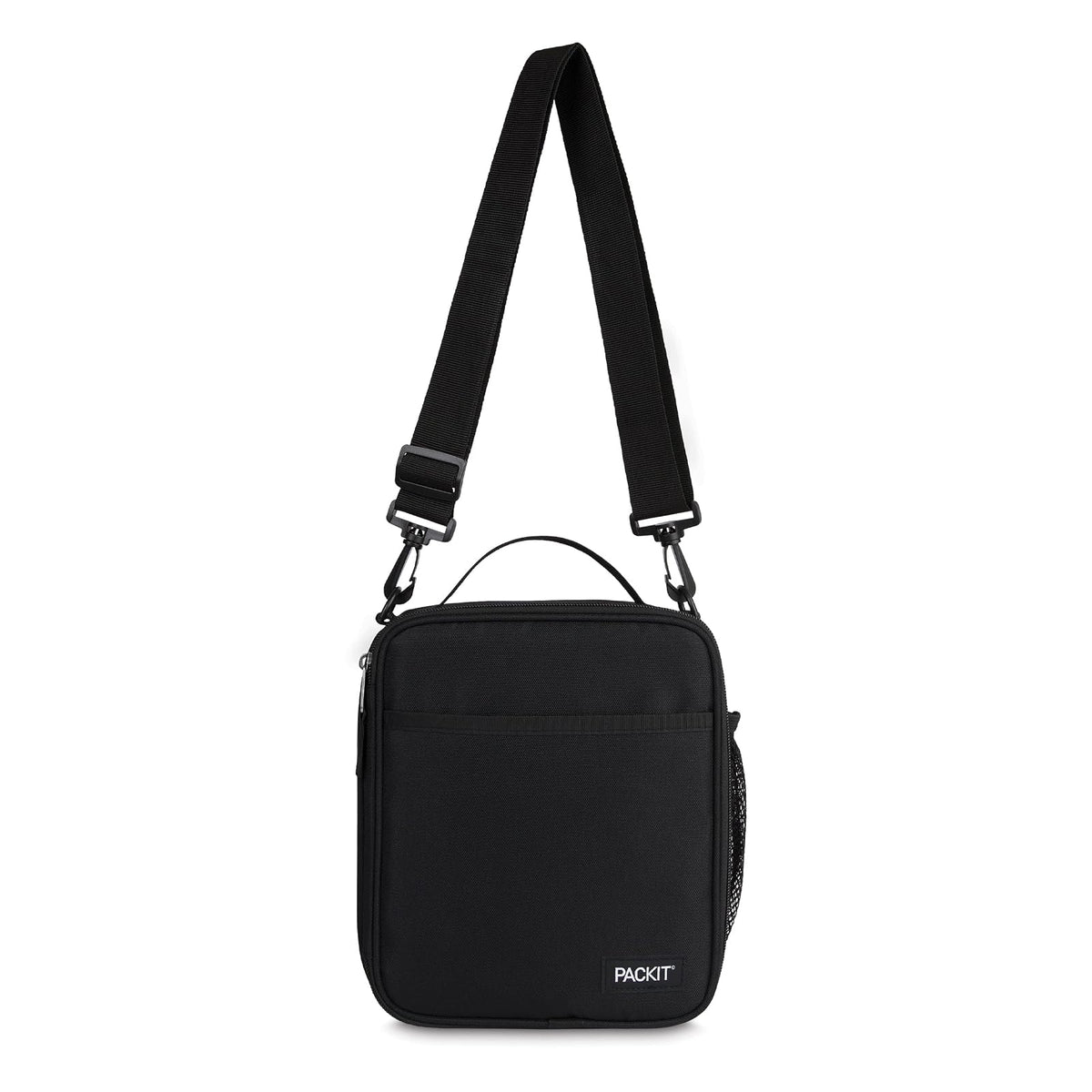 PackIt® - Fiambrera cruzada congelable, negra, construida con tecnología ECOFREEZE®, totalmente congelable, plegable, reutilizable, con asa superior, bolsillo frontal deslizante. Llevar sin esfuerzo