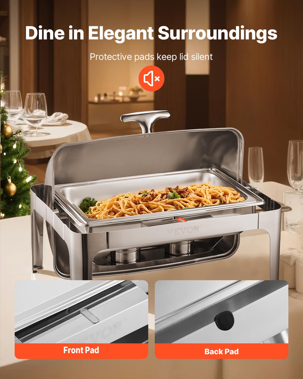 VEVOR Juego de Calentador de Alimentos Acero Inoxidable con Sartenes(8,5 L), Rectangular, Tapa Enrollable y Soporte para Bandeja Agua y Depósito de Combustible, para Bufé, Plata, Gran Capacidad