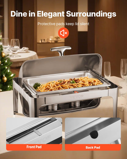 VEVOR Juego de Calentador de Alimentos Acero Inoxidable con Sartenes(8,5 L), Rectangular, Tapa Enrollable y Soporte para Bandeja Agua y Depósito de Combustible, para Bufé, Plata, Gran Capacidad