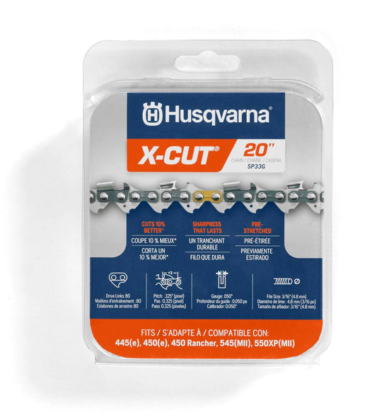 Husqvarna X-Cut SP33G Cadena de Motosierra | 50.8 cm, 80 eslabones, calibre 1.27 cm, preestirada, excelente lubricación, bajo retroceso