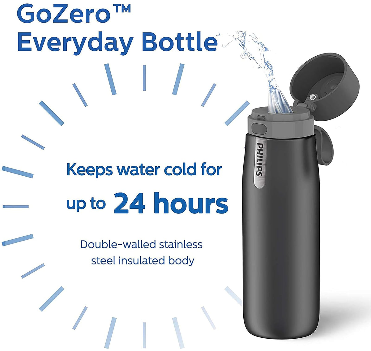 PHILIPS - Botella de agua de filtrado de alta calidad con aislamiento de acero inoxidable de 19 onzas y 32 onzas con filtro de agua Philips GoZero para llave diario, sin BPA, transforma el agua del