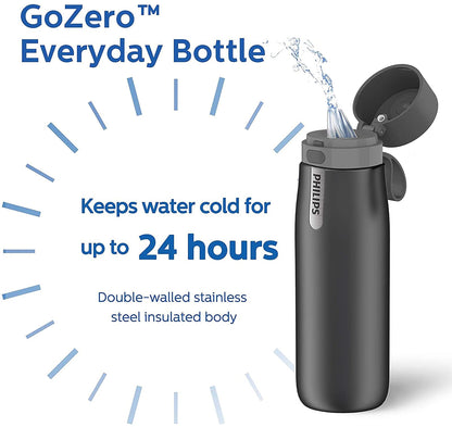 PHILIPS - Botella de agua de filtrado de alta calidad con aislamiento de acero inoxidable de 19 onzas y 32 onzas con filtro de agua Philips GoZero para llave diario, sin BPA, transforma el agua del