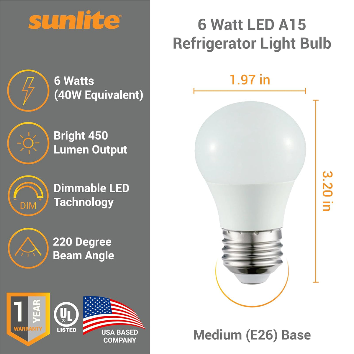 Sunlite - foco LED A15 para refrigerador, 6 vatios (equivalente a 40 W), 450 lúmenes, base media (E26), regulable, acabado esmerilado, certificación UL, luz diurna de 5000 K, 1 paquete