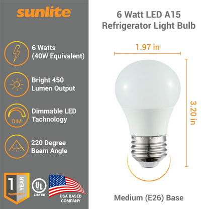 Sunlite - foco LED A15 para refrigerador, 6 vatios (equivalente a 40 W), 450 lúmenes, base media (E26), regulable, acabado esmerilado, certificación UL, luz diurna de 5000 K, 1 paquete