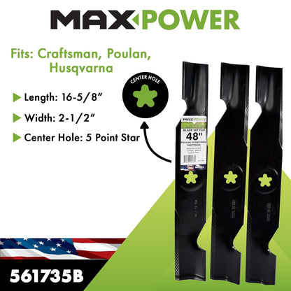 Maxpower Juego 3 Cuchillas Cortacésped 48 pulgadas Craftsman, Husqvarna, Poulan
