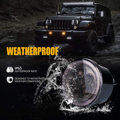 Xprite LED Smoke Lens Turn Signal Lights with Halo DRL and Parking Function & Front Fender Side Marker Amber Light Assembly Replacement Combo for 2007-2018 Jeep Wrangler JK & Wrangler Unlimited