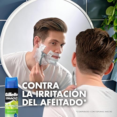 GILLETTE Mach3 Sensitive, Gel para Afeitar Piel Sensible de 400mL, para Rasurar Barba con Rastrillo para Hombre, Protege la Piel contra la Irritación