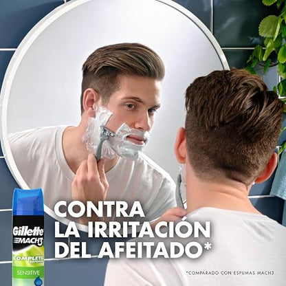 GILLETTE Mach3 Sensitive, Gel para Afeitar Piel Sensible de 400mL, para Rasurar Barba con Rastrillo para Hombre, Protege la Piel contra la Irritación