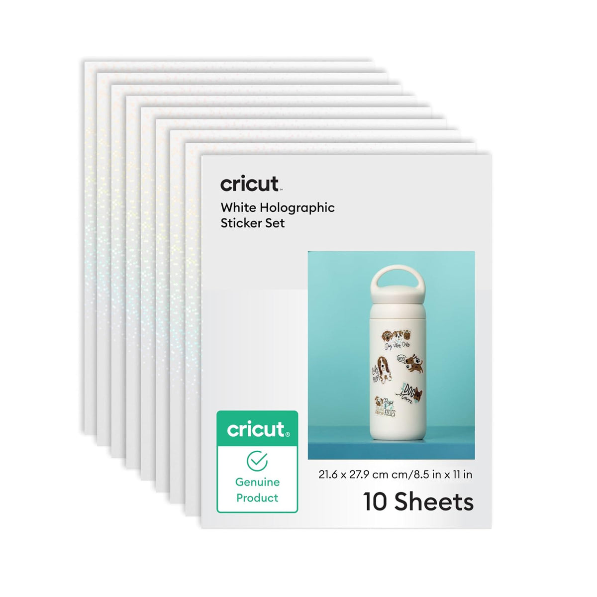 Cricut Juego de Pegatinas Holográficas 10 Hojas | Blanco, impermeables, imprimibles, tamaño carta 8.5 x 11 pulgadas, compatible con impresoras de inyección de tinta