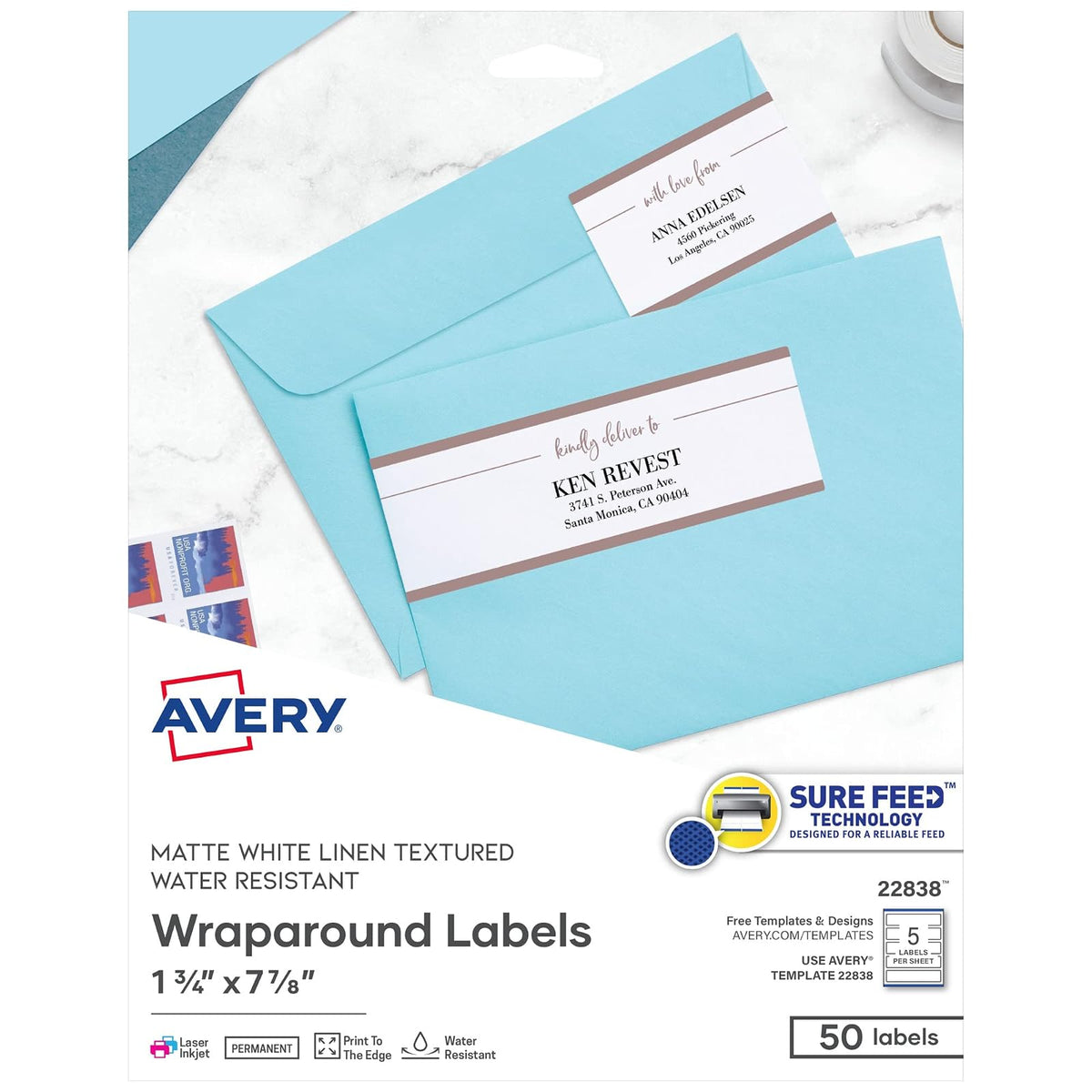 Avery 22838 etiquetas rectangulares envolventes imprimibles, 7.8 x 1.75 pulgadas, color blanco texturizado, 50 etiquetas personalizables