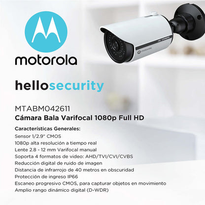 Cámara Motorola Analógica Bala 2MP Lente Varifocal Manual 2.8~12mm, IR40m, IP66 (TVI, CVI, AHD, CVBS)