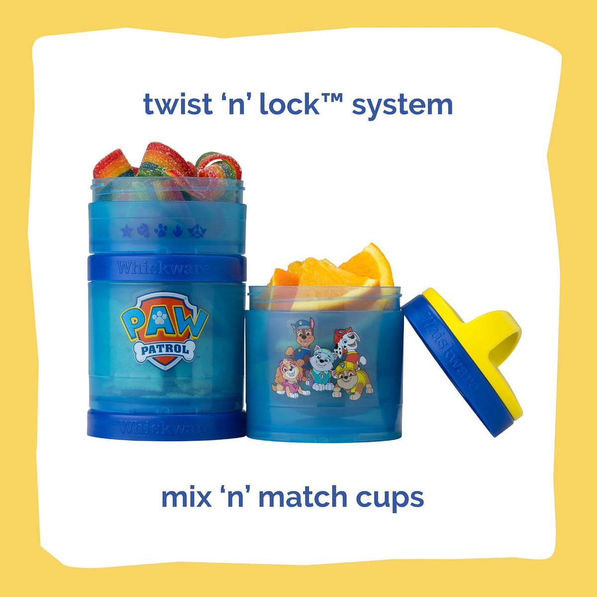 Whiskware Paw Patrol - Recipientes apilables para bebés, niños y niños, 3 tazas apilables para aperitivos para la escuela y los viajes, apto para fórmulas, apto para portavasos para todas las patas en