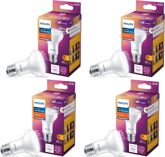 Philips Bombillas LED de 45 W R20, 4 unidades, ultra definición, color blanco suave (2700 K), 450 lúmenes (5,5 W = 45 W) regulables, sin parpadeo