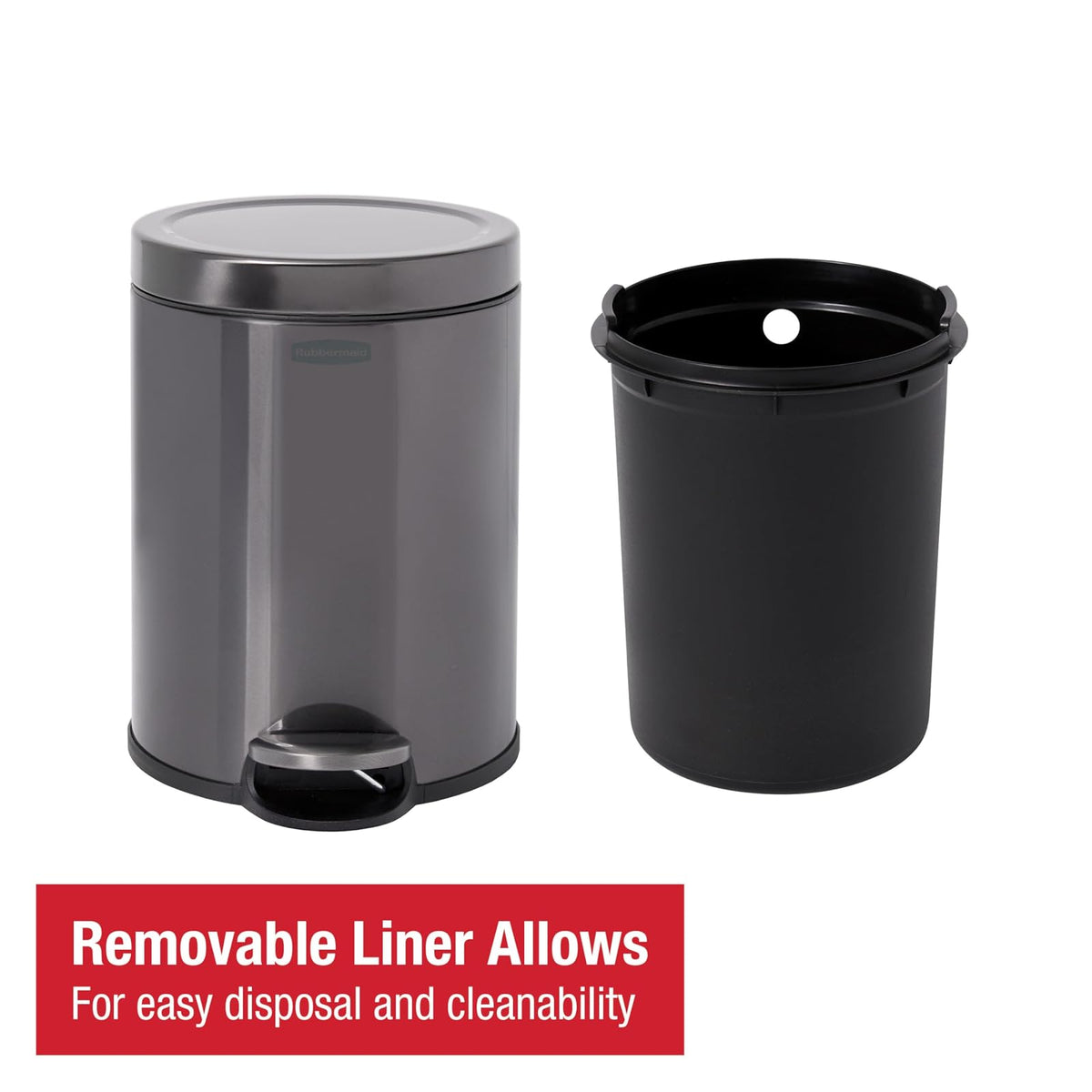 Rubbermaid – Cesto Redondo con Pedal para Baño, Recámara y Oficina en Casa, Bote de Acero Inoxidable Resistente a Huellas con Liner Interno Removible, Capacidad de hasta 6 L, Gris Carbón 2179250