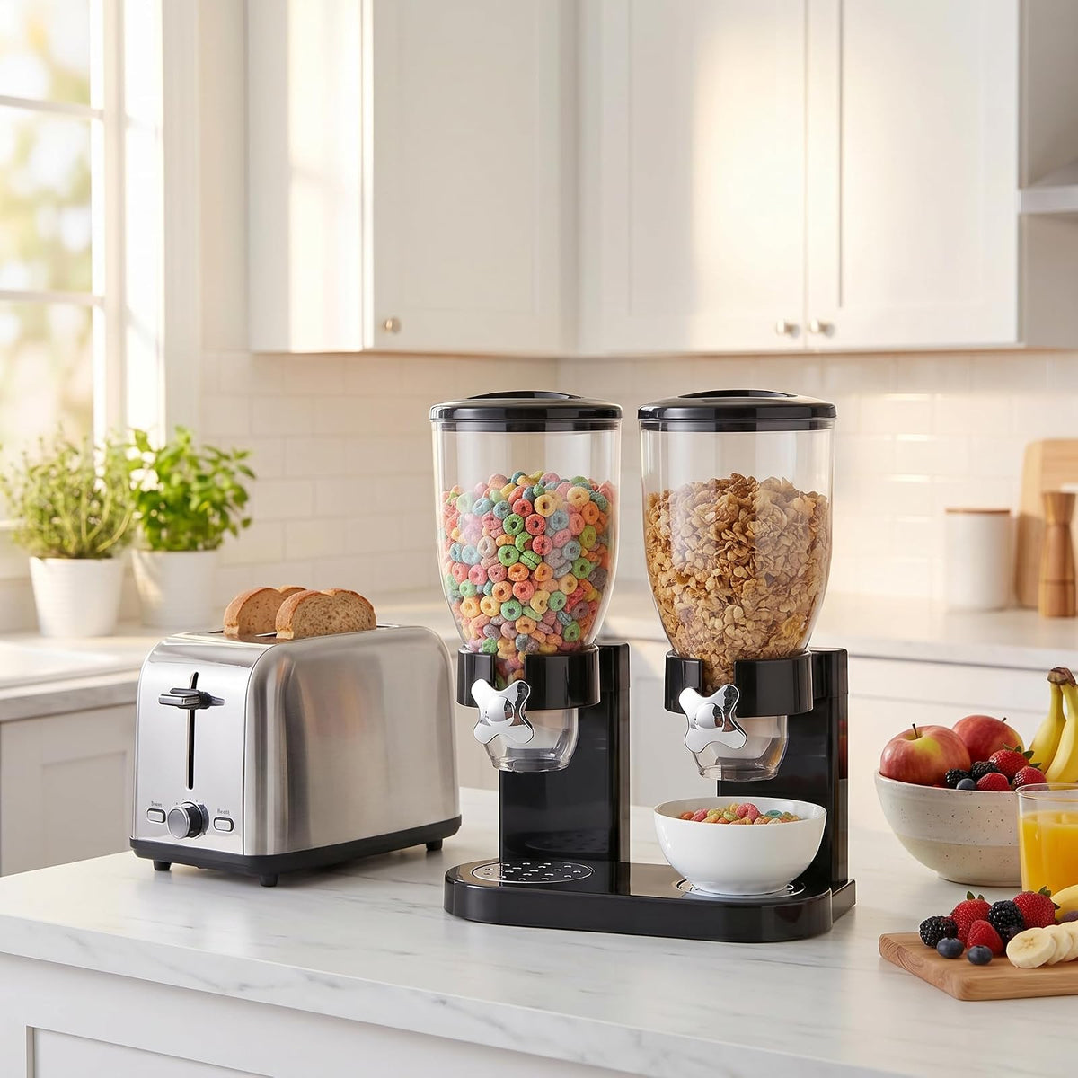 Zevro Dos dispensadores para alimentos secos, negro / cromado | Dos recipientes herméticos de 17 onzas en una base de cromo dispensan cereales, nueces o dulces en porciones uniformes