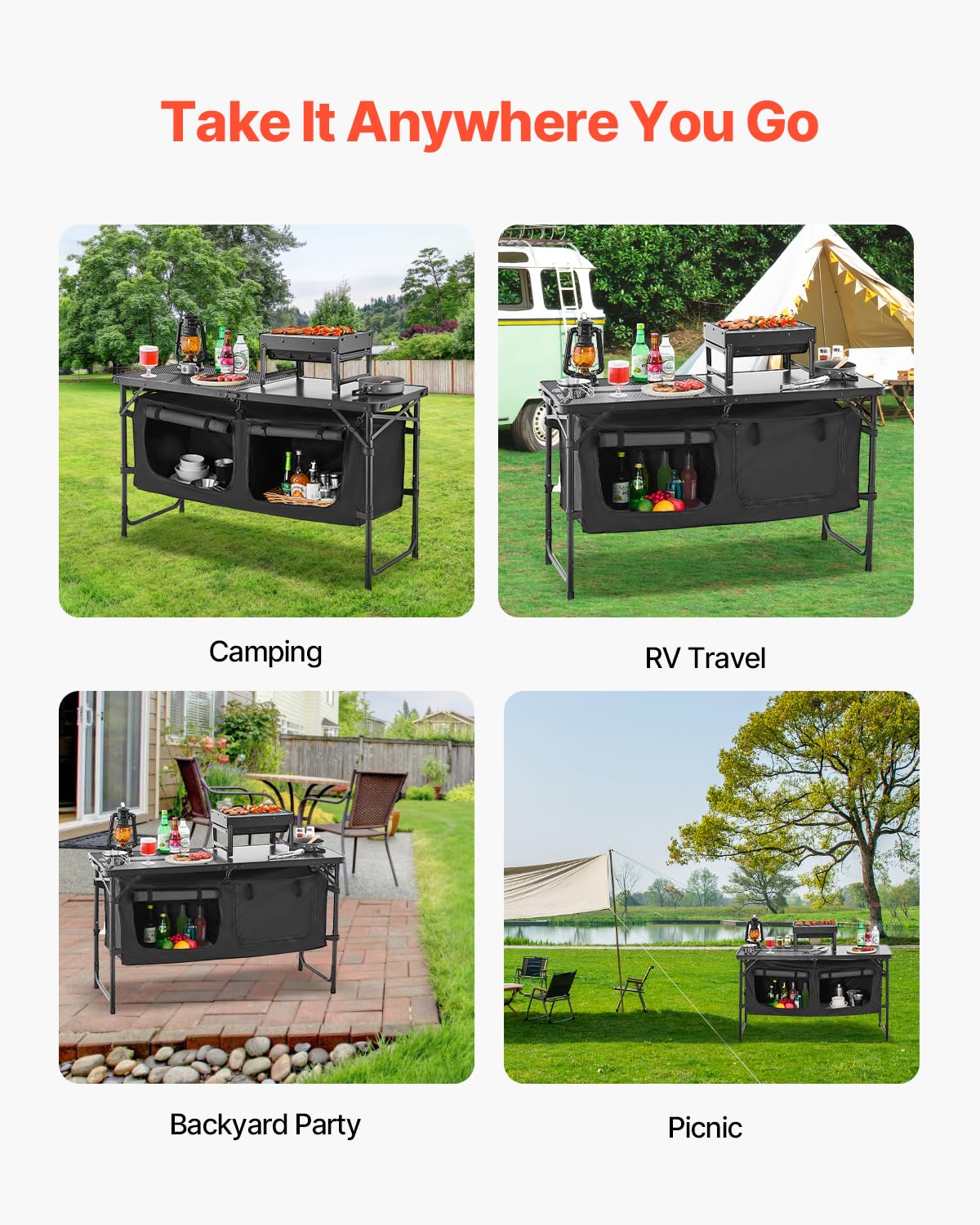 VEVOR Mesa de Cocina Plegable Portátil para Acampar, 3 Alturas Ajustables, de Aluminio, con Organizador de Almacenamiento, Asa de Transporte, para Barbacoa, Fiesta, Pícnic, Viajes en RV, Negro