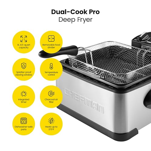 Chefman - Freidora doble Cook Pro de 4.5 L con colador de cesta y divisor extraíble, tamaño jumbo XL, temperatura ajustable y temporizador, perfecta para pollo, patatas fritas, patatas fritas y más,