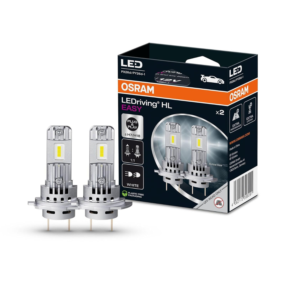 OSRAM LEDriving HL Easy 64210DWESY-2HB Bombillas LED H7/H18 6500K Blanco Frío para Luces Altas/Bajas Solo Uso Todoterreno, 2 Piezas