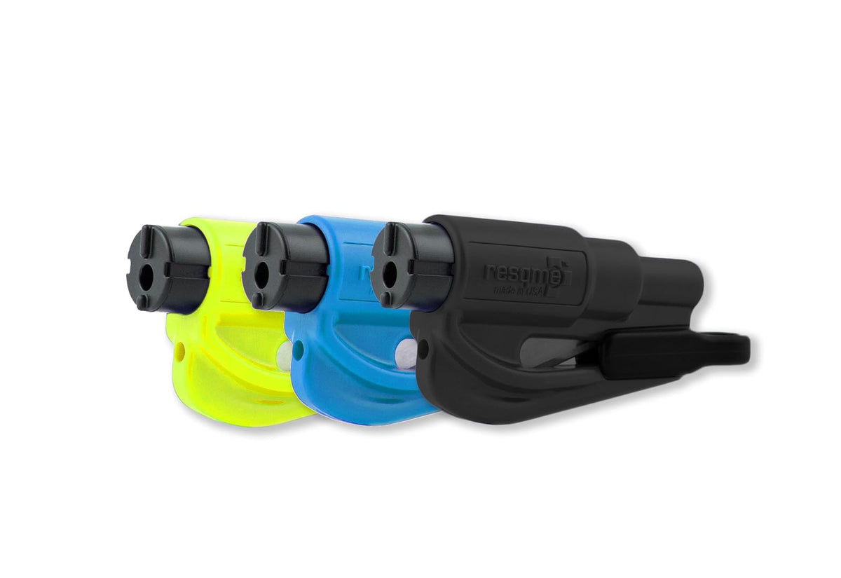 resqme Herramienta de Emergencia 2 en 1, Corta Cinturón y Rompe Vidrios - 3 paquetes - Negro, azul, amarillo de seguridad